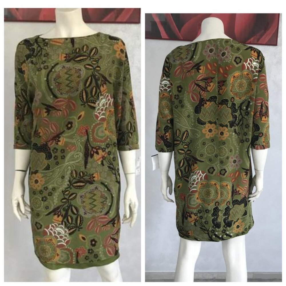 NWT M Missoni Olive Green Printed Silk Shift Dress & Slip Lining Italy Size 6 40
